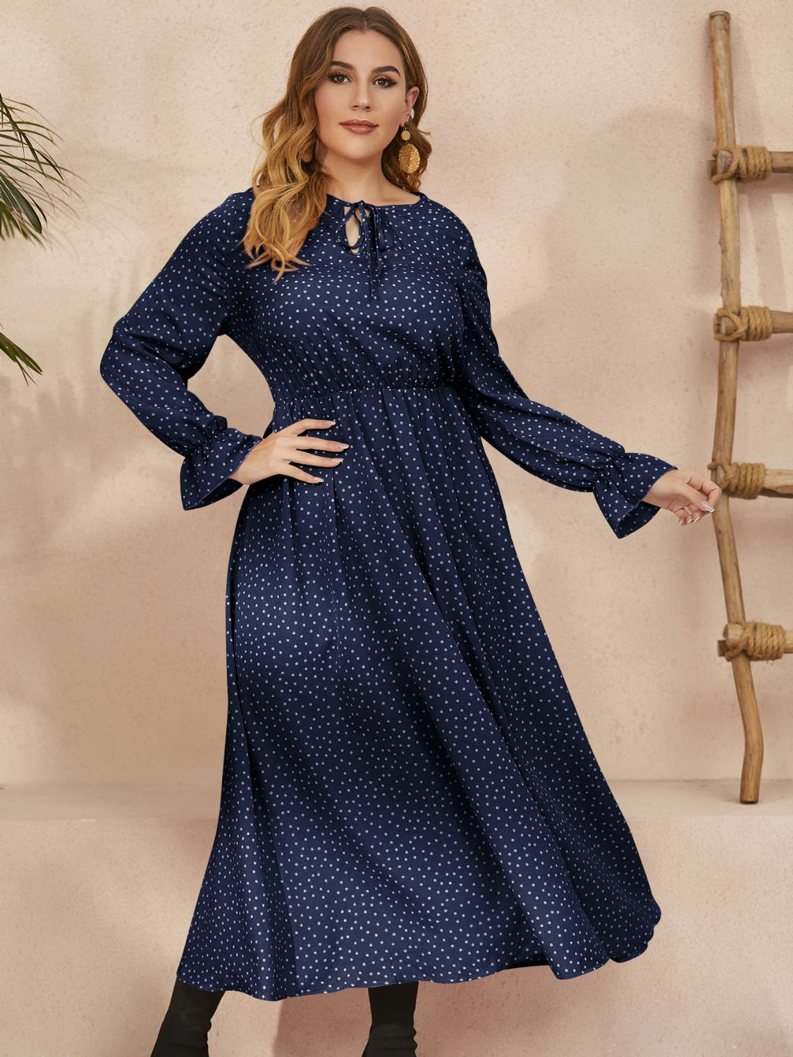 Plus Size Ruffled Polka Dot Long Sleeve Midi Dress - Spirit and Rebel [Spirit and Rebel]   