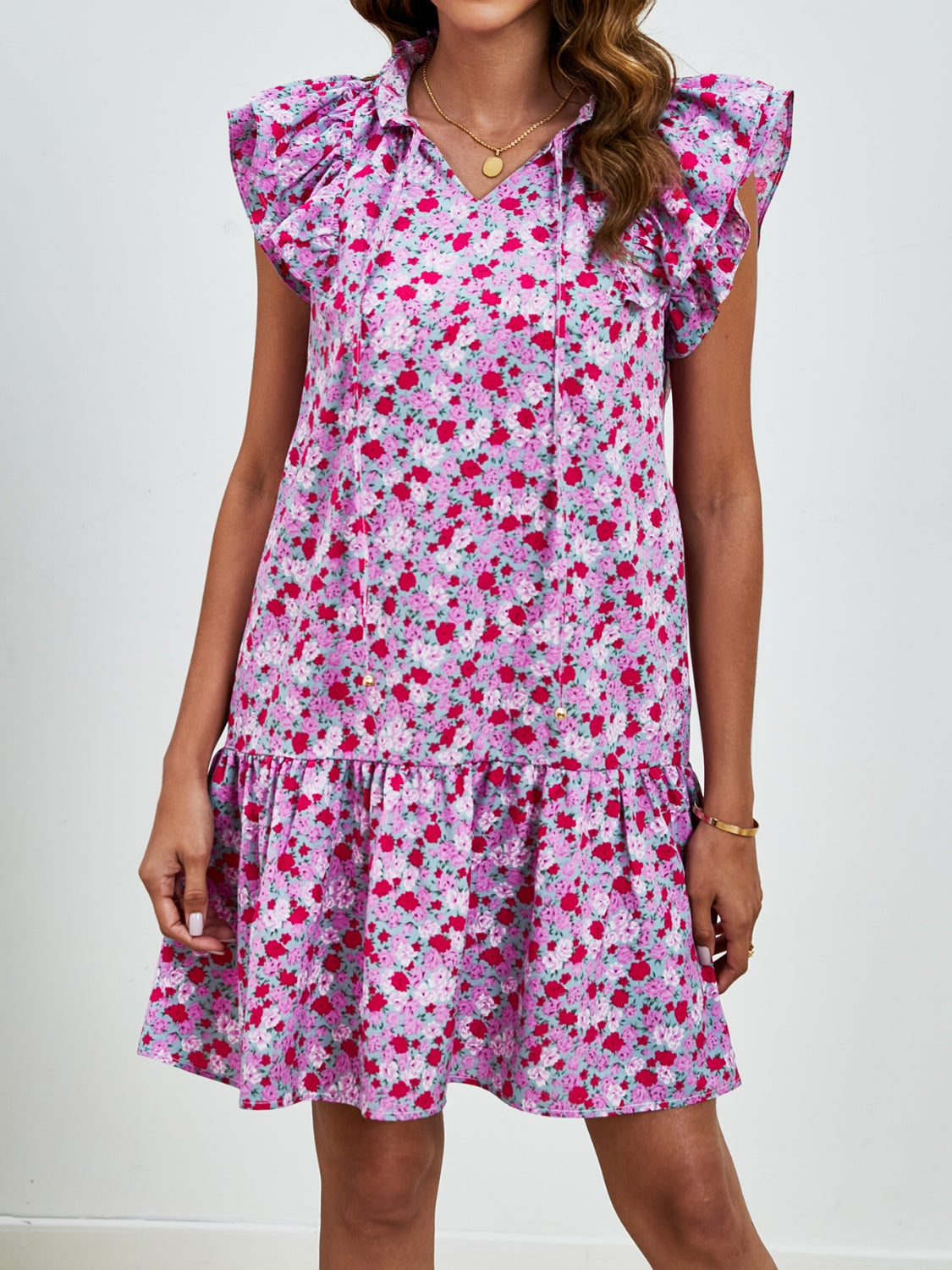 Tied Floral Cap Sleeve Mini Boho Dress - Spirit and Rebel [Spirit and Rebel]   