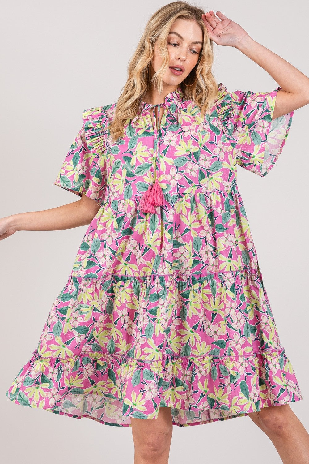 Floral Ruffle Short Sleeve Boho Dress - Spirit and Rebel [Spirit and Rebel] Pink S 