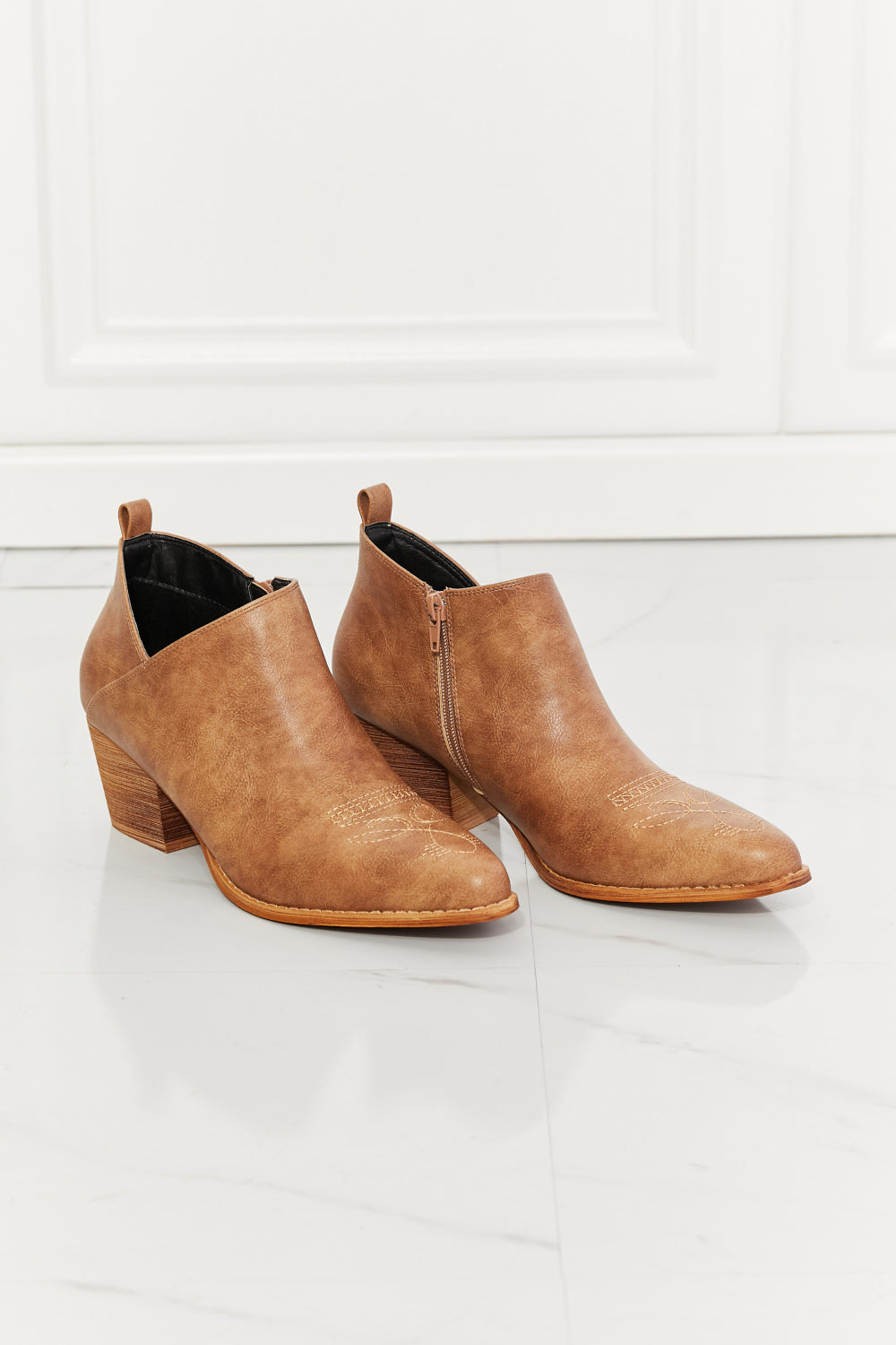 MMShoes Trust Yourself Embroidered Crossover Cowboy Bootie in Caramel [Spirit and Rebel]   