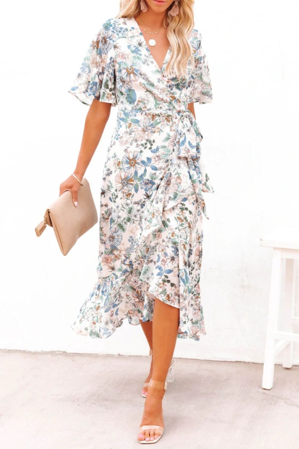 High-Low Printed Surplice Flutter Sleeve Midi Boho Wedding Guest Dress [Spirit and Rebel]   