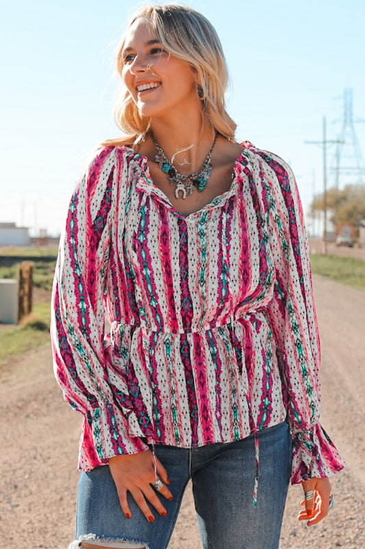 Multicolour Boho Western Print Split Neck Peplum Blouse [Spirit and Rebel]   