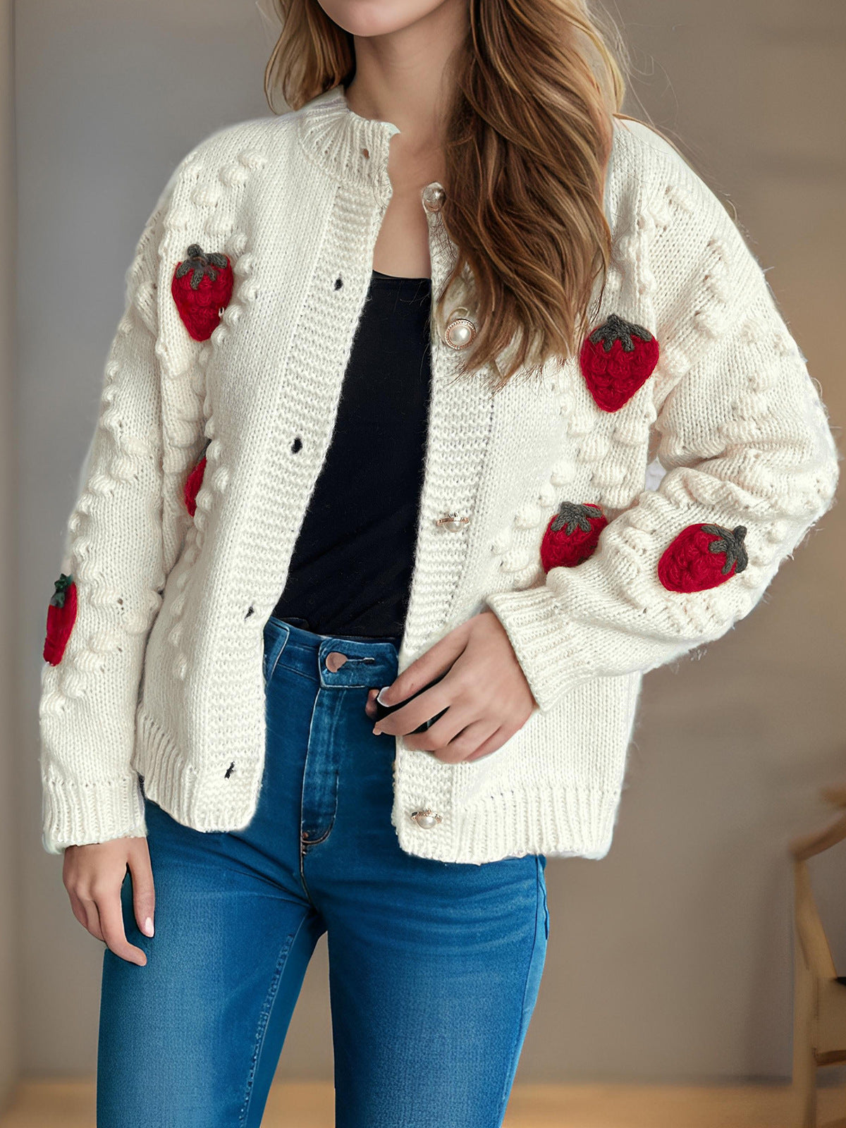 Spirit and Rebel Strawberry Button Down Long Sleeve Boho Cardigan [Spirit and Rebel]   