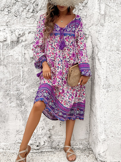 Tassel Tied Printed Long Sleeve Boho Dress [Spirit and Rebel]   