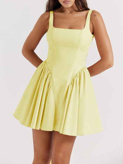 Backless Bow Detail Square Neck Mini Dress [Spirit and Rebel] Butter Yellow S 