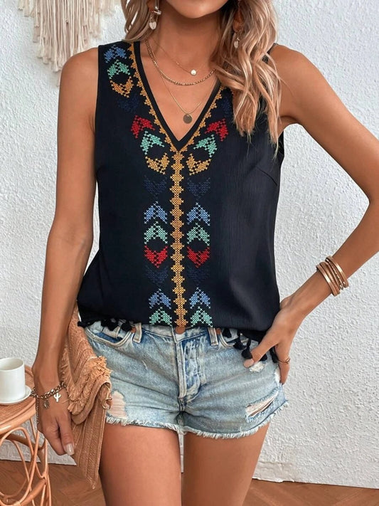 Tassel Printed V-Neck Boho Tank Top - Spirit and Rebel [Spirit and Rebel] Black S 