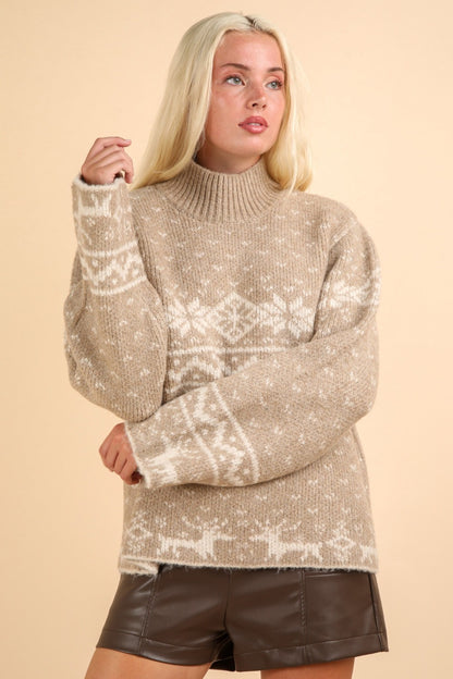 Spirit and Rebel Christmas Element Mock Neck Long Sleeve Boho Sweater [Spirit and Rebel]   