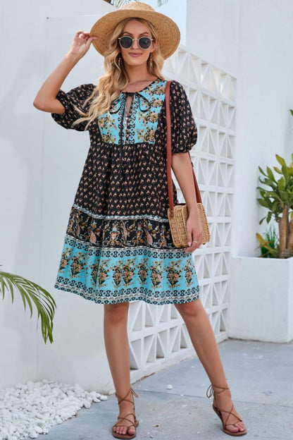 Printed Tie Neck Half Sleeve Boho Dress - Spirit and Rebel [Spirit and Rebel]   