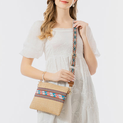 Geometric Straw Weave Crossbody Boho Bag - Spirit and Rebel [Spirit and Rebel] Khaki One Size 