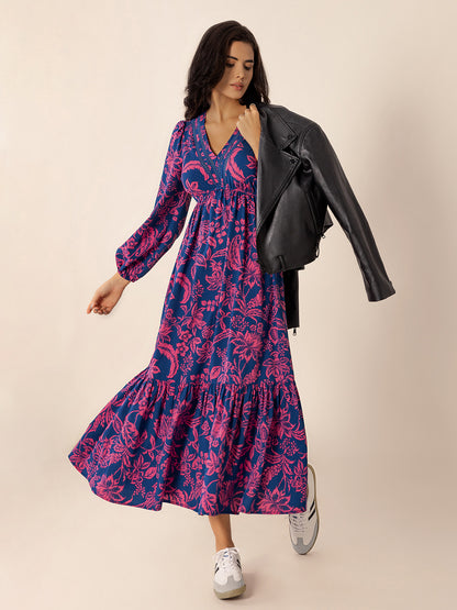 Spirit and Rebel Printed V-Neck Long Sleeve Midi Dress [Spirit and Rebel] Red-Violet S 