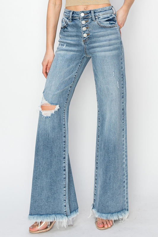 Mid Rise Button Fly Wide Leg Boho Jeans - Spirit and Rebel [Spirit and Rebel] Medium 0 