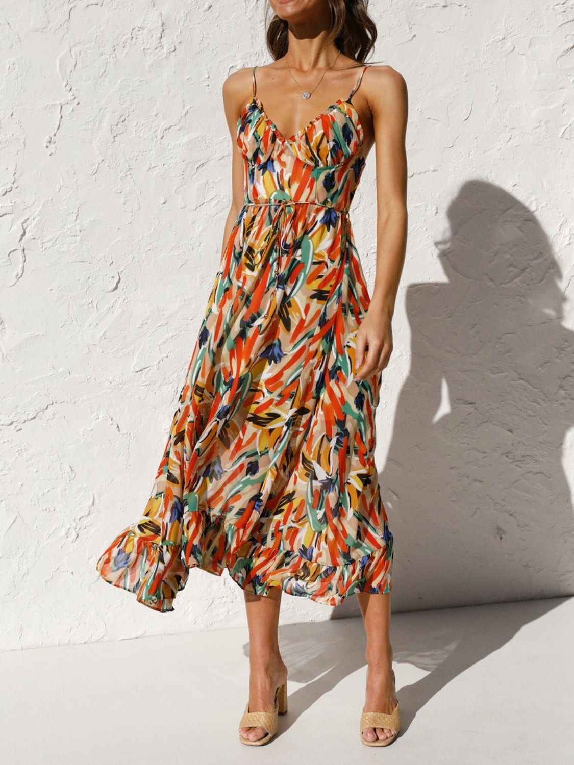 Printed Sleeveless Midi Cami Boho Wedding Guest Dress [Spirit and Rebel] Multicolor S 