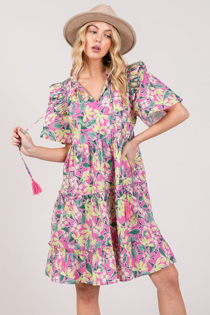 Floral Ruffle Short Sleeve Boho Dress - Spirit and Rebel [Spirit and Rebel]   