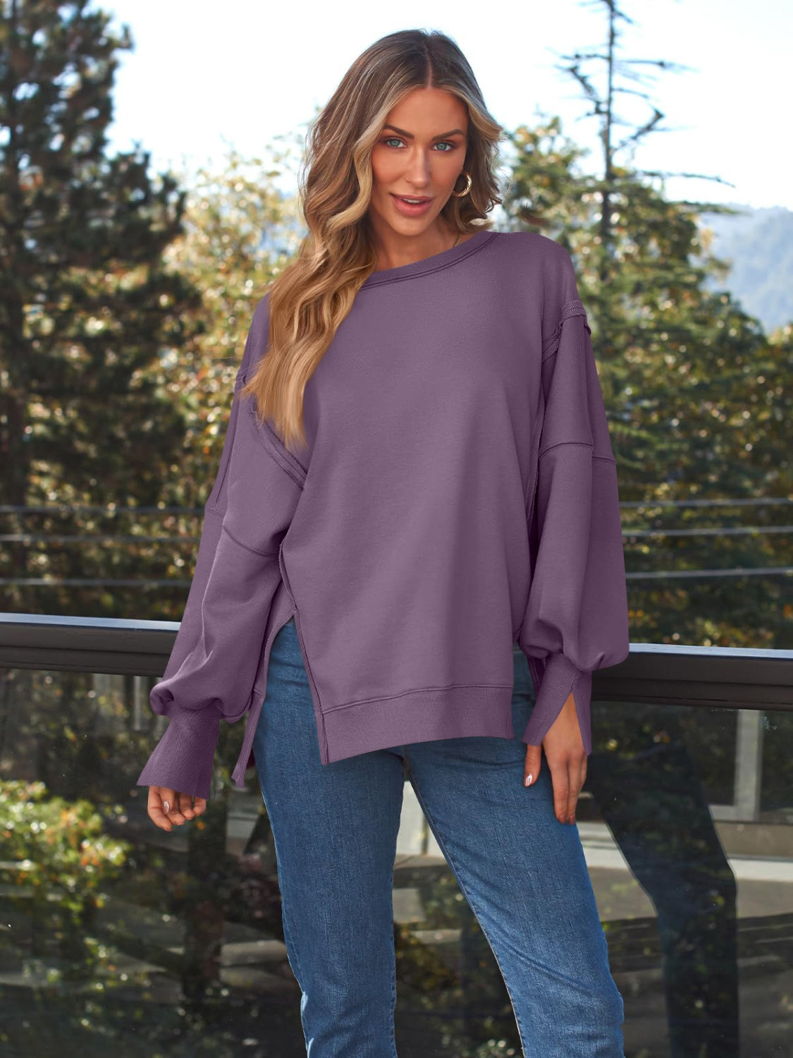 Slit Round Neck Long Sleeve Boho Sweatshirt - Spirit and Rebel [Spirit and Rebel] Mauve S 