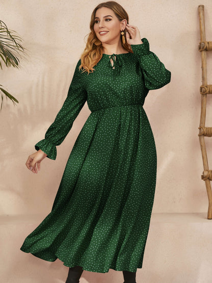 Plus Size Ruffled Polka Dot Long Sleeve Midi Dress - Spirit and Rebel [Spirit and Rebel]   