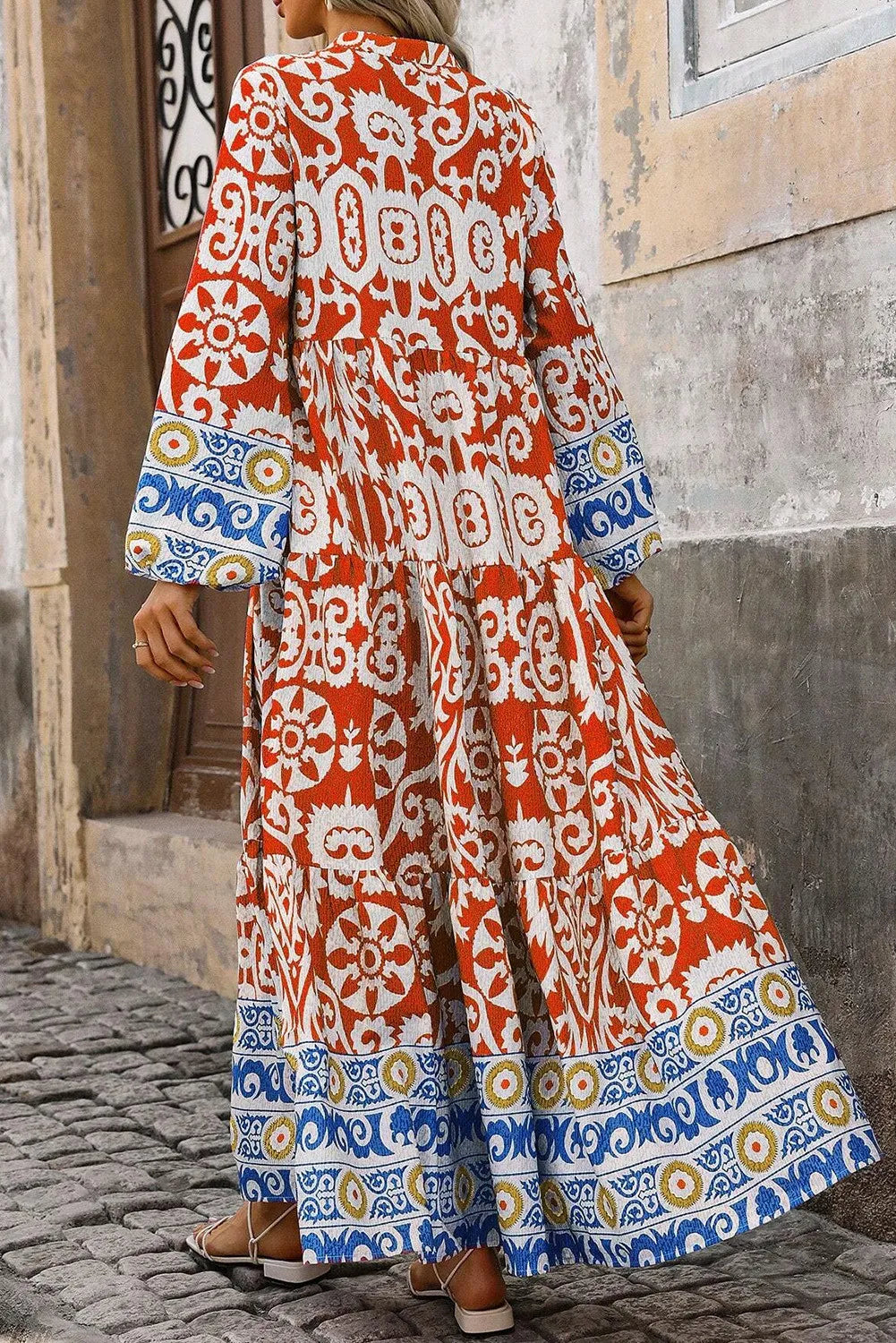 Spirit and Rebel Printed Notched Long Sleeve Maxi Dress [Spirit and Rebel]   