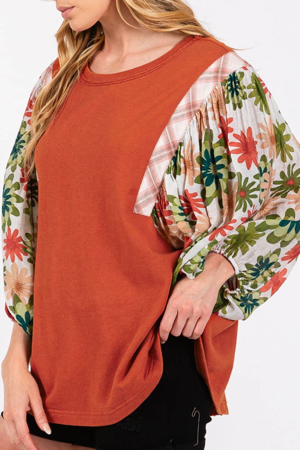 Printed Round Neck Balloon Sleeve Blouse [Spirit and Rebel]