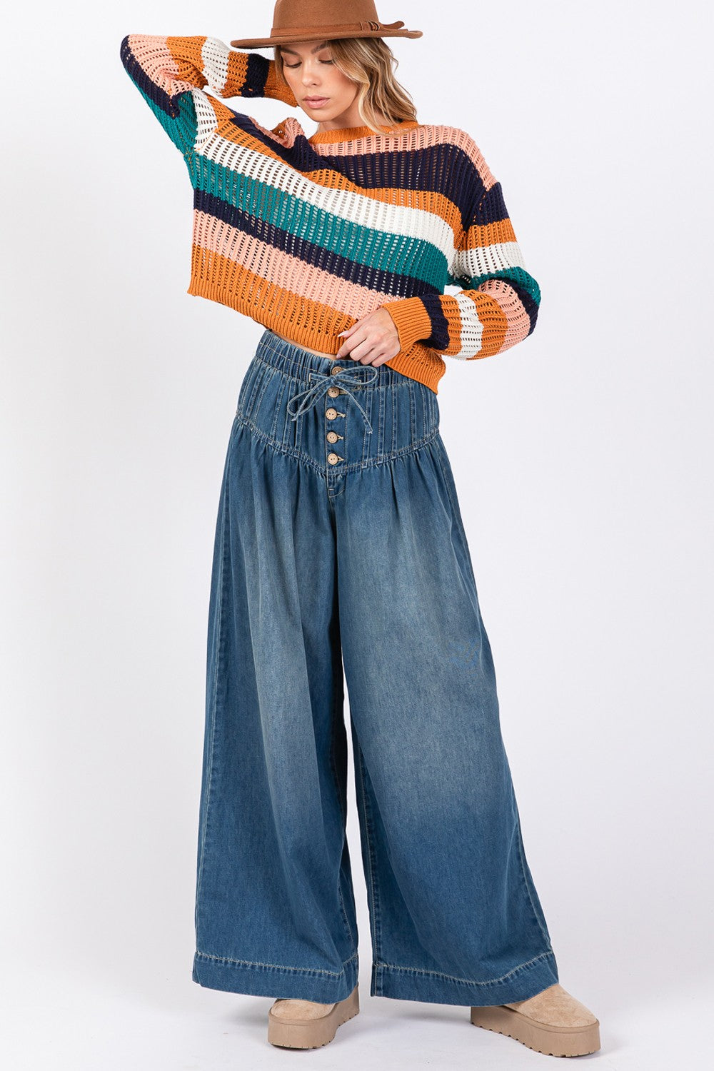 Spirit and Rebel SAGE+FIG Smocked Waist Band Wide Leg Boho Jeans [Spirit and Rebel]   