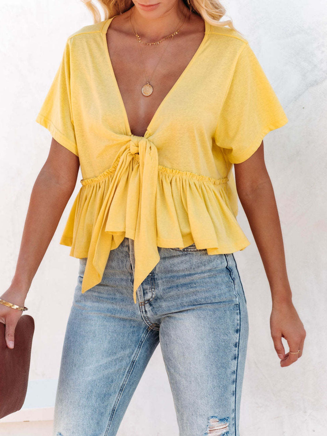 Tied Plunge Short Sleeve Boho Blouse - Spirit and Rebel [Spirit and Rebel] Yellow S 