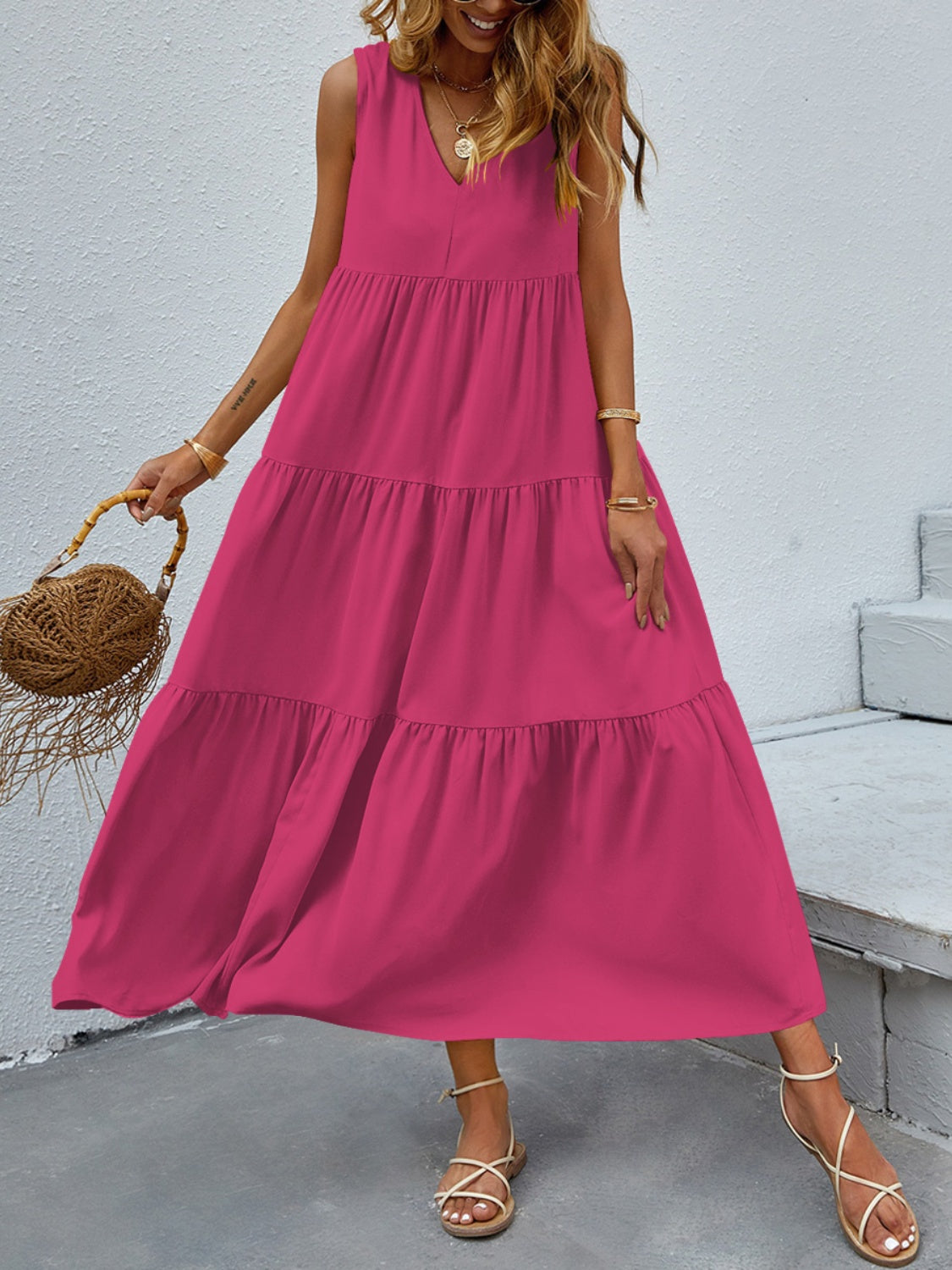 Boho Chic  Tiered V-Neck Sleeve Dress [Spirit and Rebel] Deep Rose S 