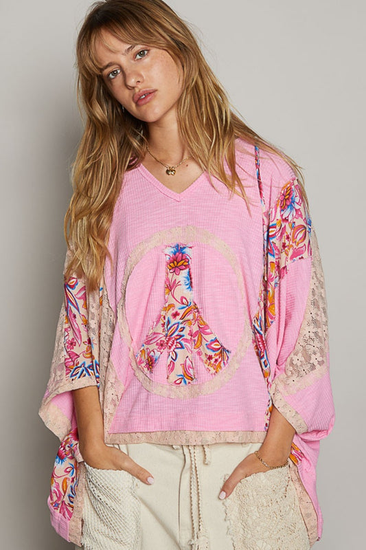 V-Neck Floral Print Peace Patch Lace Hooded Boho Top - Spirit and Rebel [Spirit and Rebel] Pink Blush S 