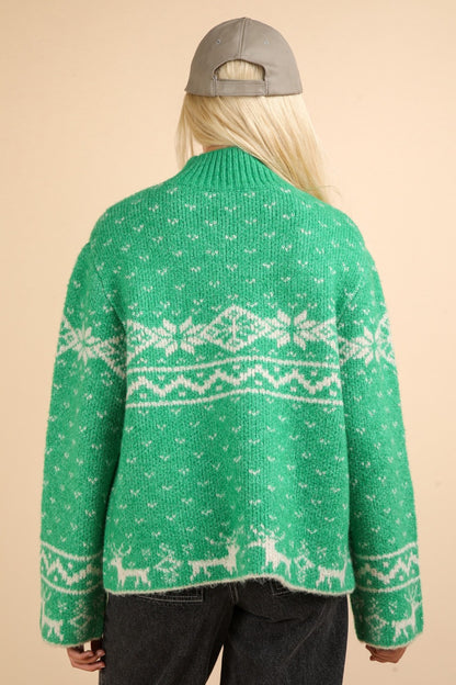 Spirit and Rebel Christmas Element Mock Neck Long Sleeve Boho Sweater [Spirit and Rebel]   