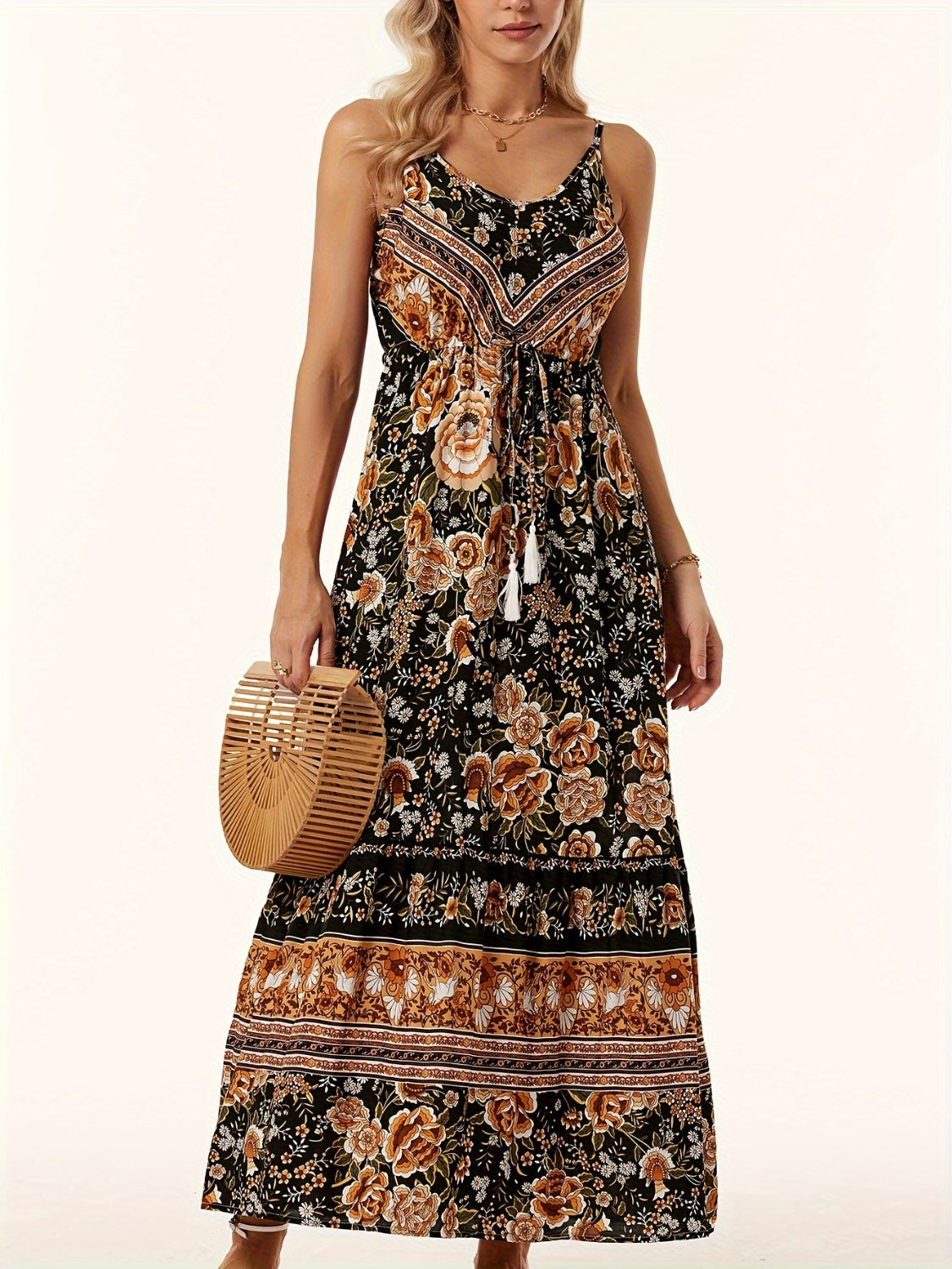 Printed Scoop Neck Midi Cami Boho Dress [Spirit and Rebel] Black S 