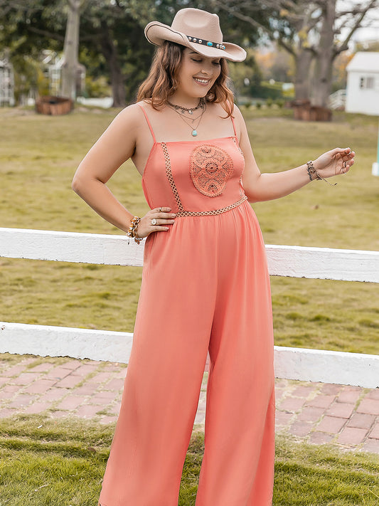 Plus Size Lace Detail Spaghetti Strap Wide Leg Boho Jumpsuit - Spirit and Rebel [Spirit and Rebel] Orange 0XL 