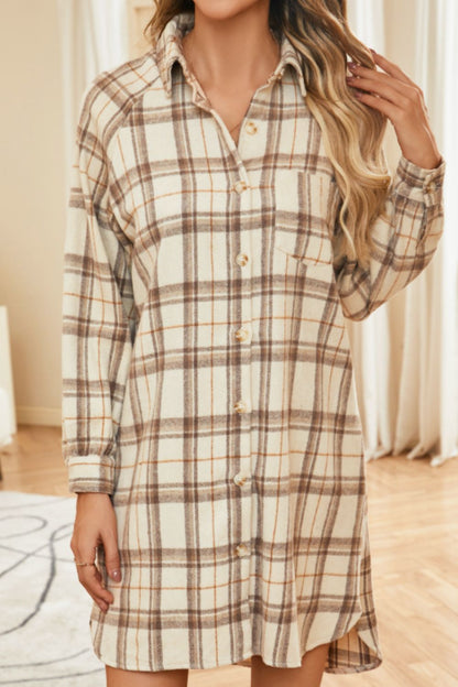 Plaid Collared Neck Long Sleeve Mini Shirt Dress [Spirit and Rebel]