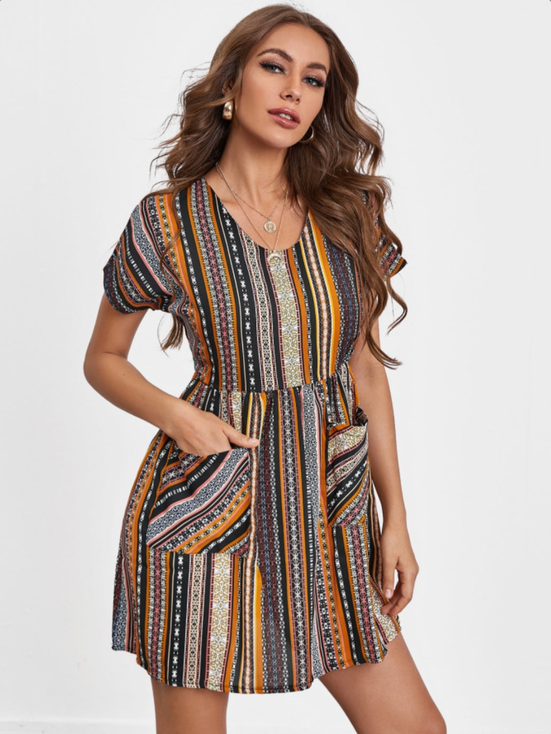 Pocketed Striped Short Sleeve Boho Dress [Spirit and Rebel]   