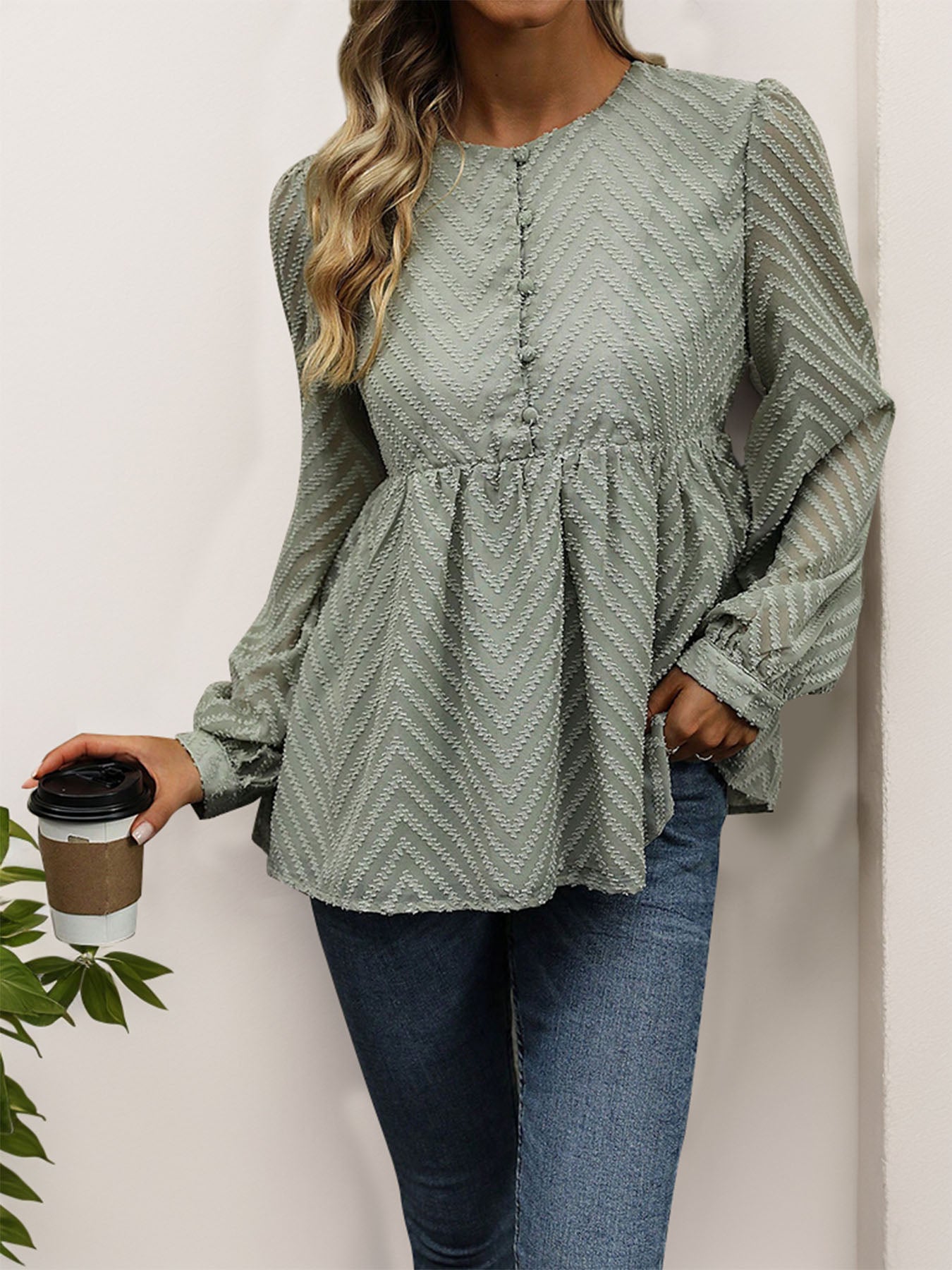 Peplum Round Neck Long Sleeve Bohemian Blouse - Spirit and Rebel [Spirit and Rebel]   