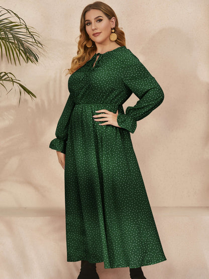 Plus Size Ruffled Polka Dot Long Sleeve Midi Dress - Spirit and Rebel [Spirit and Rebel]   