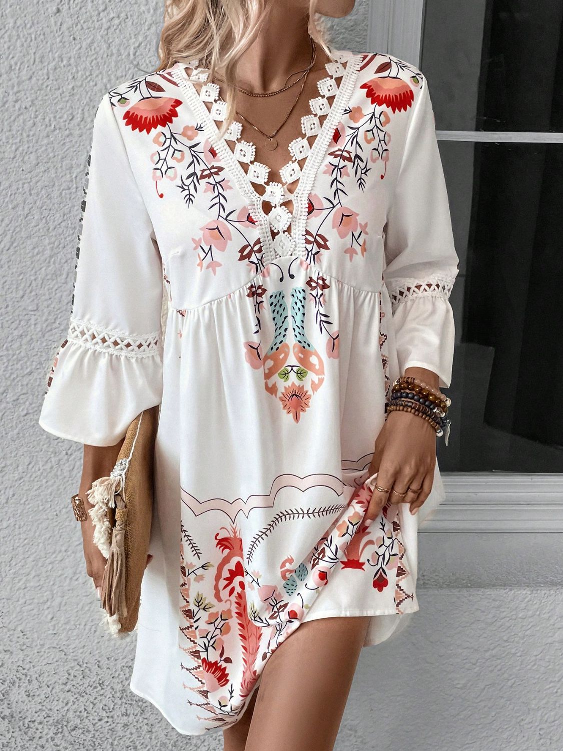 Lace Detail Printed Three-Quarter Sleeve Dress - Spirit and Rebel [Spirit and Rebel] Deep Red S 