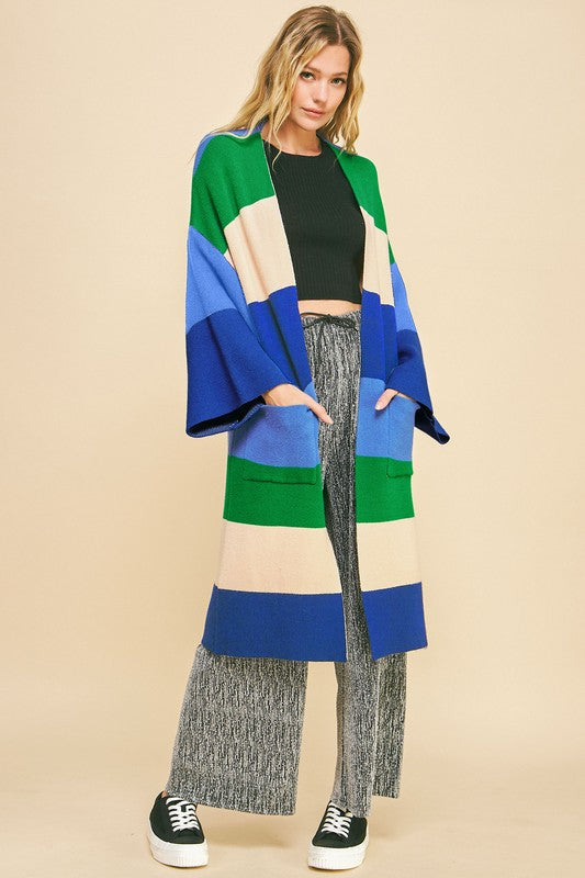 Color Block Kimono Sleeve Open Front Cardigan [Spirit and Rebel] Blue Stripe S