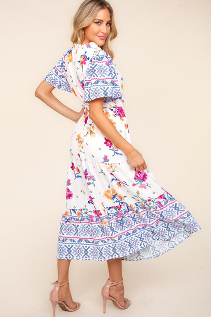 Printed Notched Short Sleeve Tiered Boho Dress - Spirit and Rebel [Spirit and Rebel]   