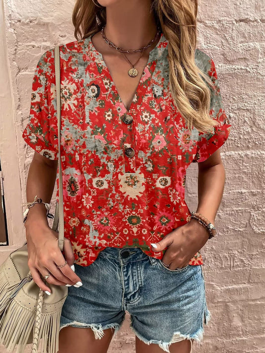 Plus Size Printed Notched Short Sleeve Boho Blouse - Spirit and Rebel [Spirit and Rebel] Deep Red S 