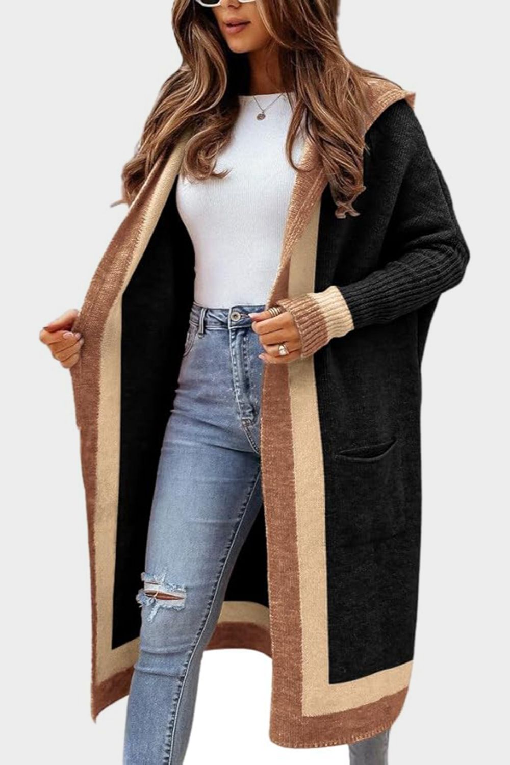 Pocketed Contrast Long Sleeve Hooded Boho Cardigan [Spirit and Rebel]   