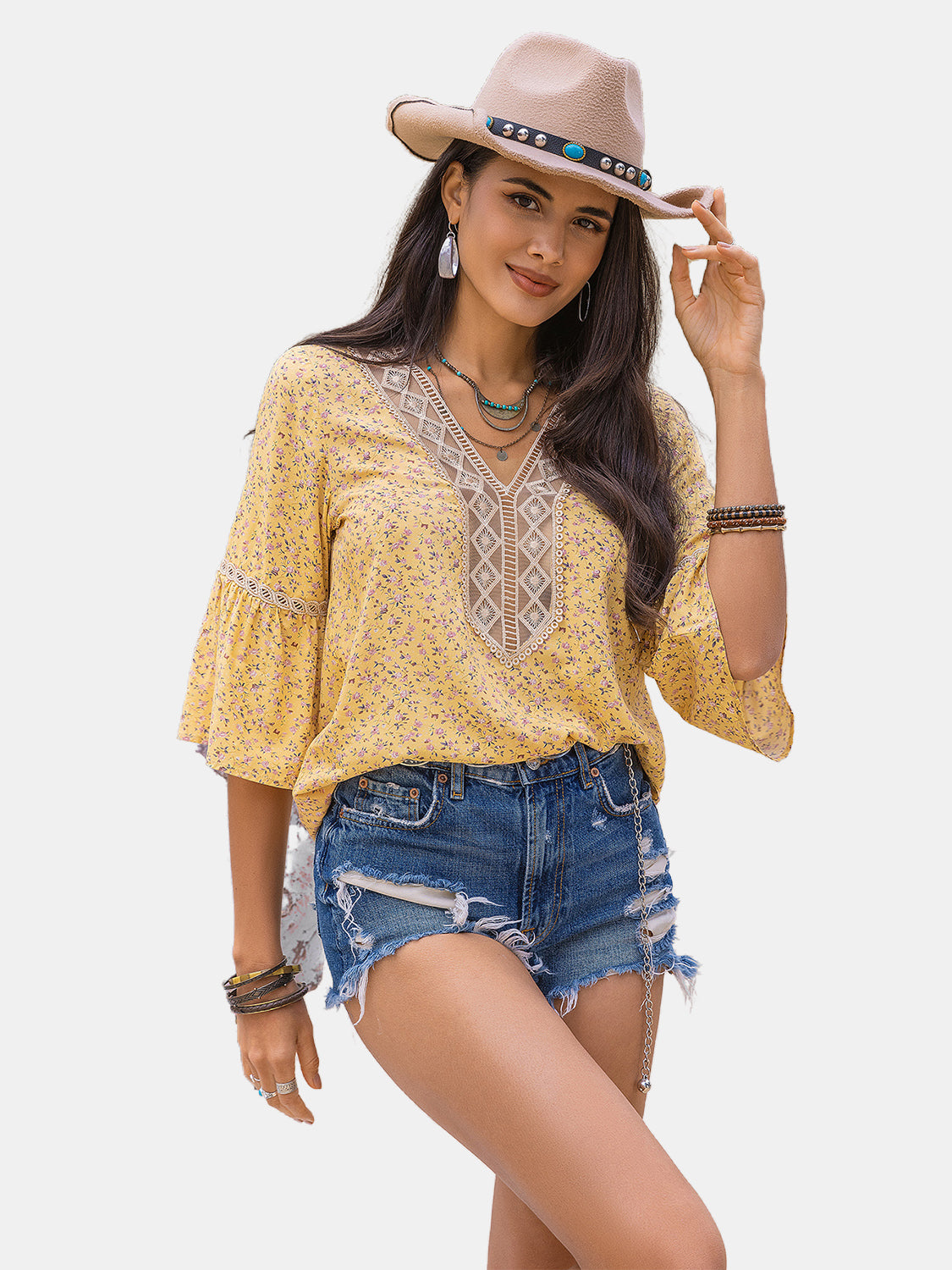 Ditsy Floral V-Neck Boho Blouse - Spirit and Rebel [Spirit and Rebel]   