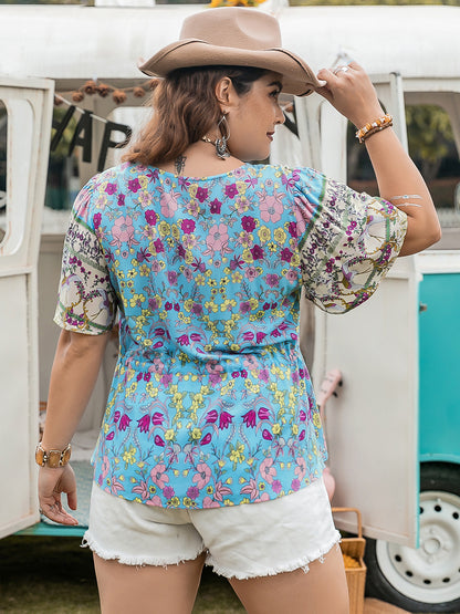 Plus Size Ruched Lace Detail Printed V-Neck Short Sleeve Boho Blouse [Spirit and Rebel]   