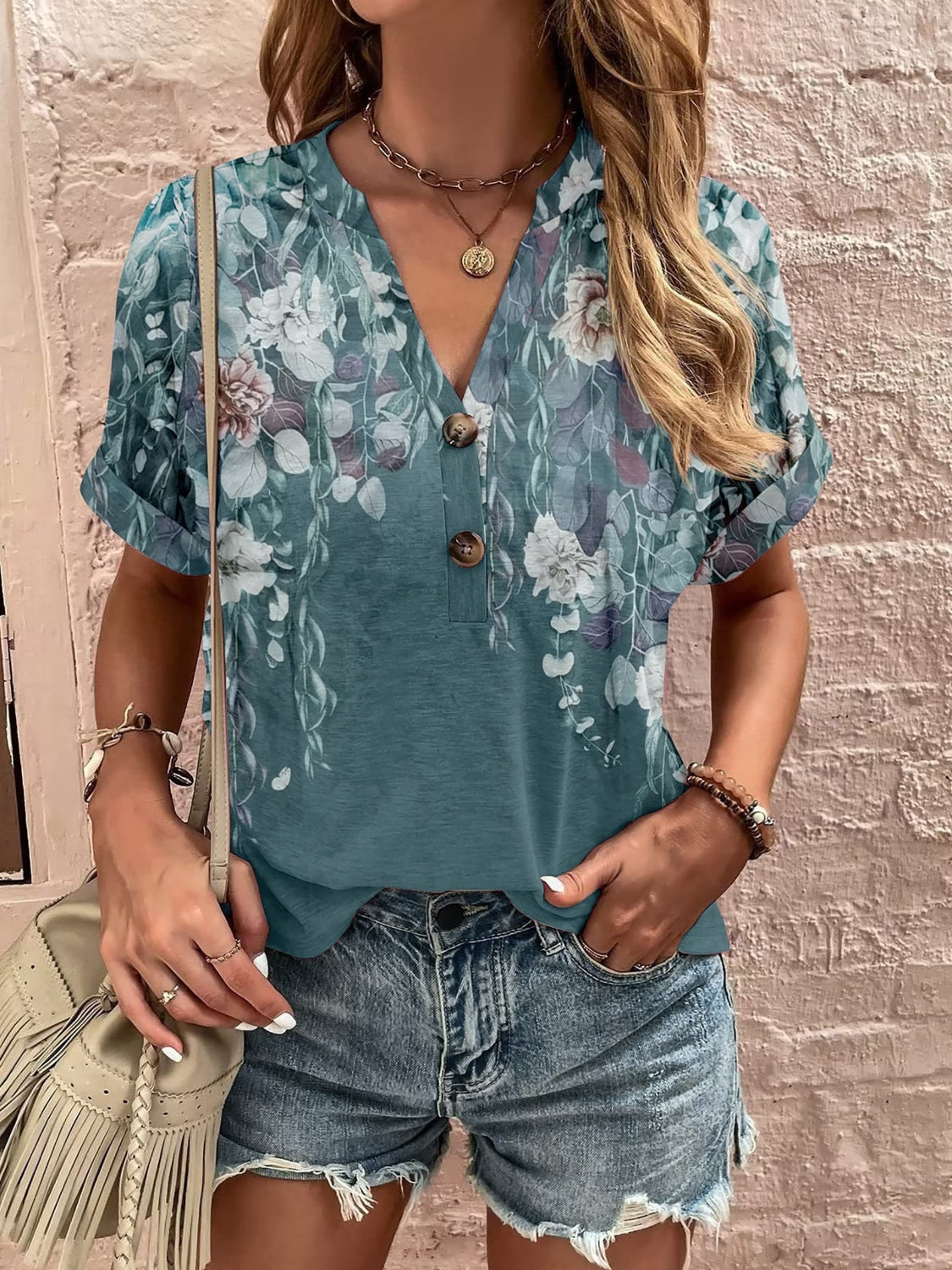 Plus Size Printed Notched Short Sleeve Boho Blouse - Spirit and Rebel [Spirit and Rebel] Deep Teal S 