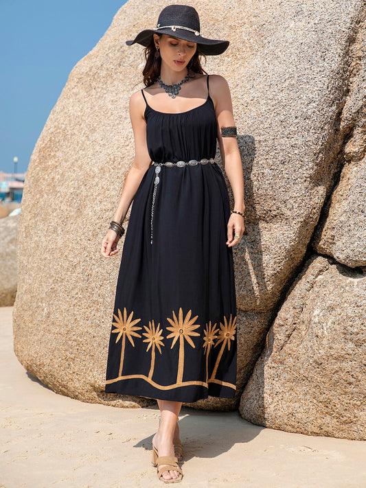 Embroidered Scoop Neck Midi Boho Cami Boho Dress - Spirit and Rebel [Spirit and Rebel] Black S 