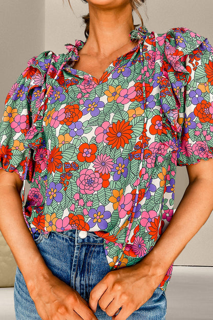 Ruffled Printed Tie Neck Short Sleeve Boho Blouse - Spirit and Rebel [Spirit and Rebel] Floral S 