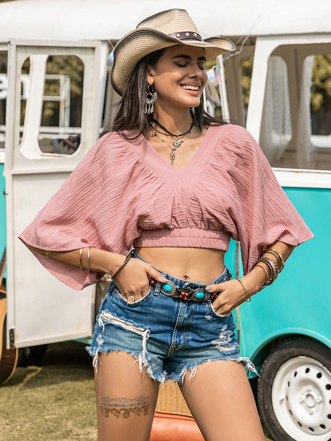 Textured V-Neck Crop Boho Top - Spirit and Rebel [Spirit and Rebel]   