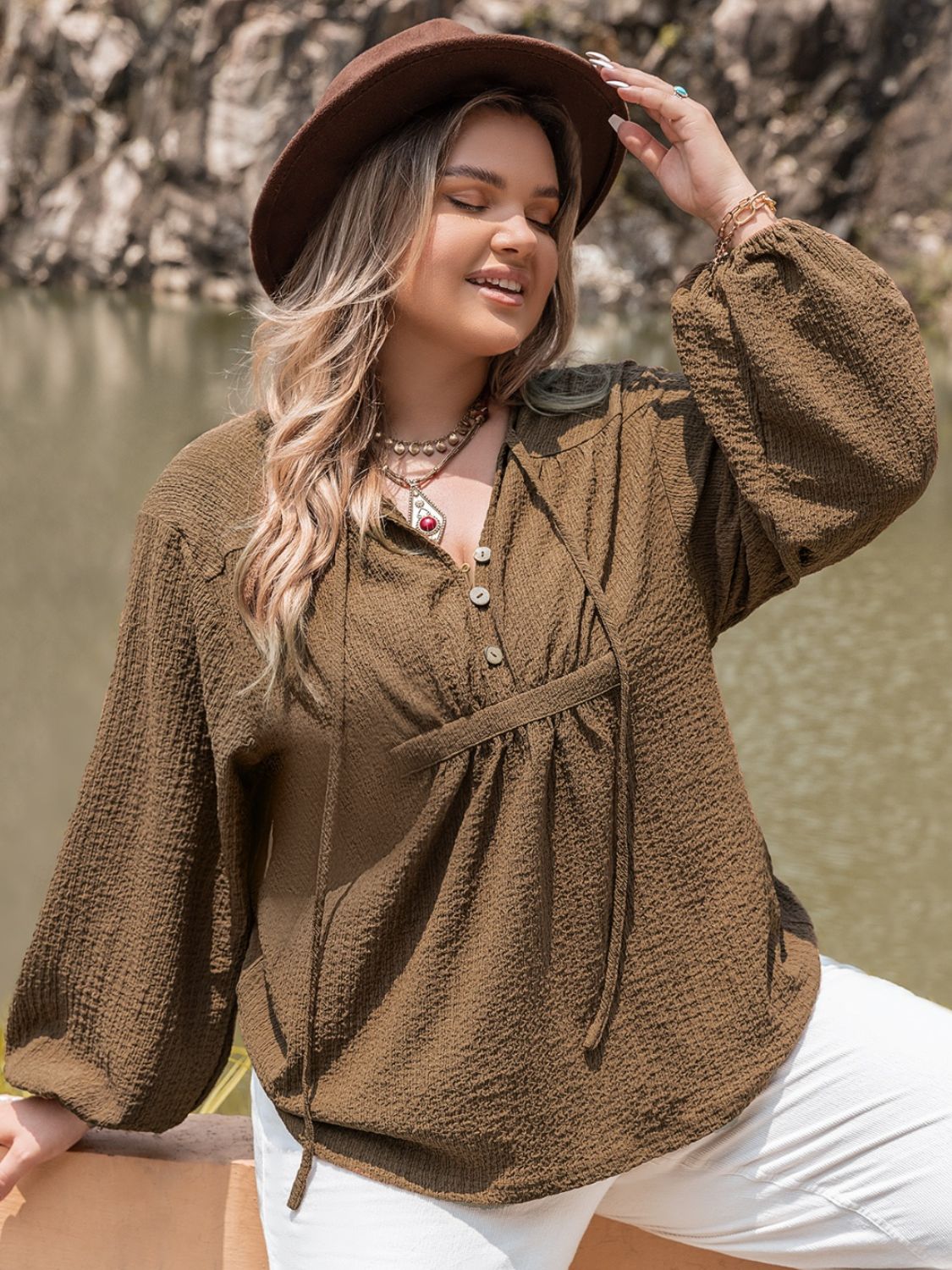 Plus Size Tie Neck Long Sleeve Boho Blouse - Spirit and Rebel [Spirit and Rebel]   