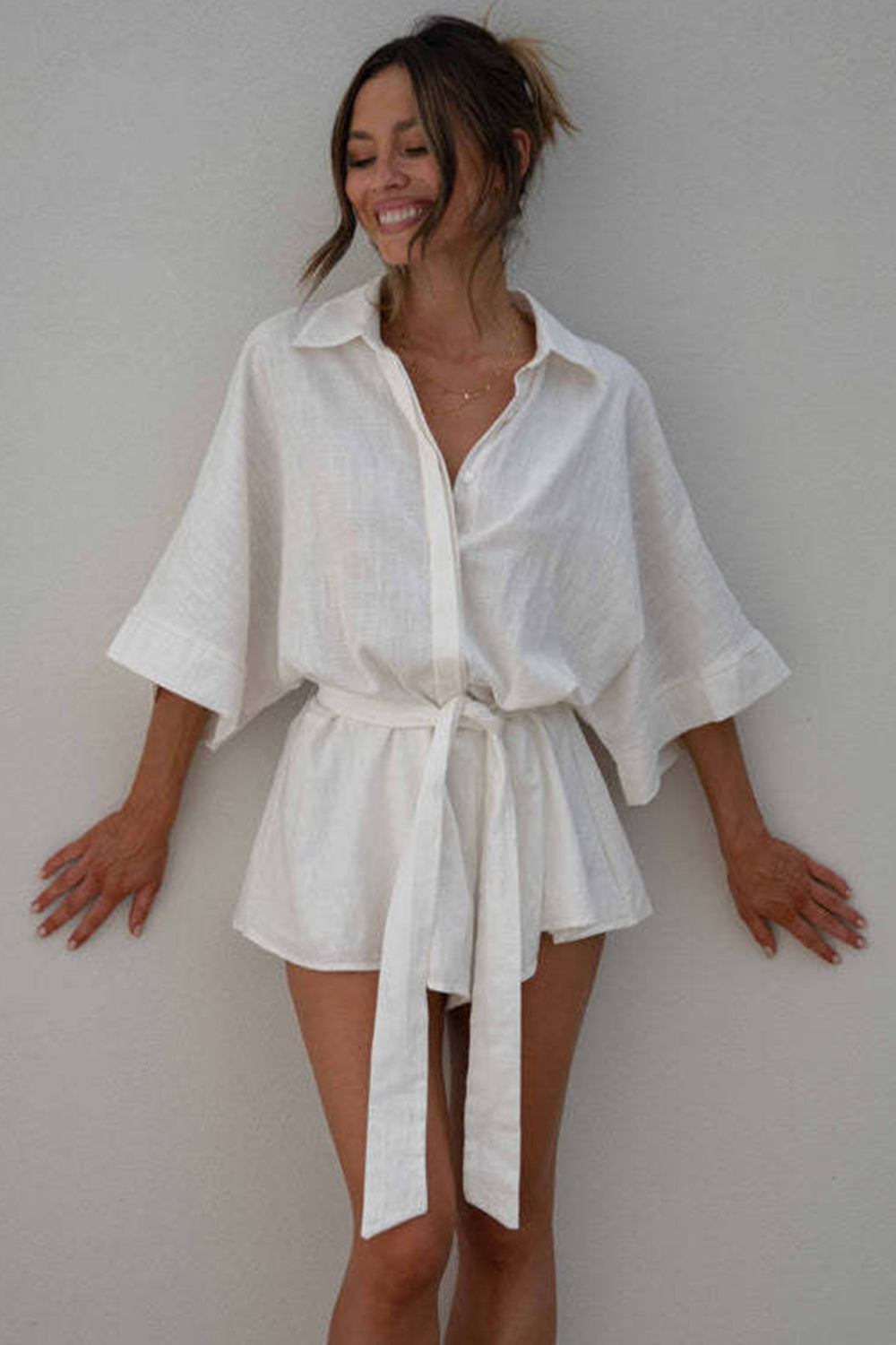 Tied Button Up Collared Neck Boho Romper - Spirit and Rebel [Spirit and Rebel]   