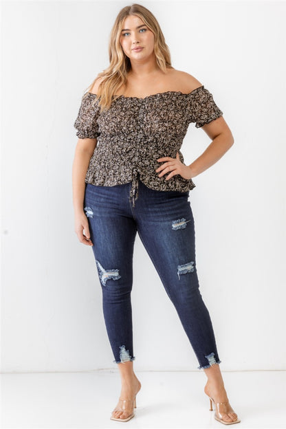 Plus Size Frill Ruched Off-Shoulder Short Sleeve Boho Blouse - Spirit and Rebel [Spirit and Rebel]   