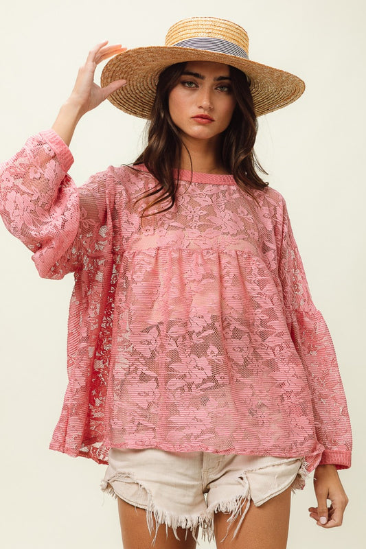 Floral Lace Long Sleeve Boho Top - Spirit and Rebel [Spirit and Rebel] Mauve S 