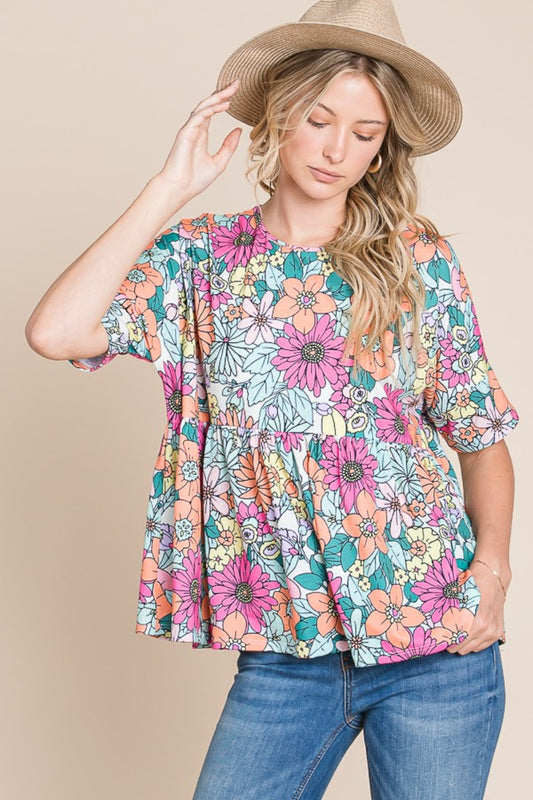 Floral Round Neck Short Sleeve Boho Blouse - Spirit and Rebel [Spirit and Rebel] Floral S 