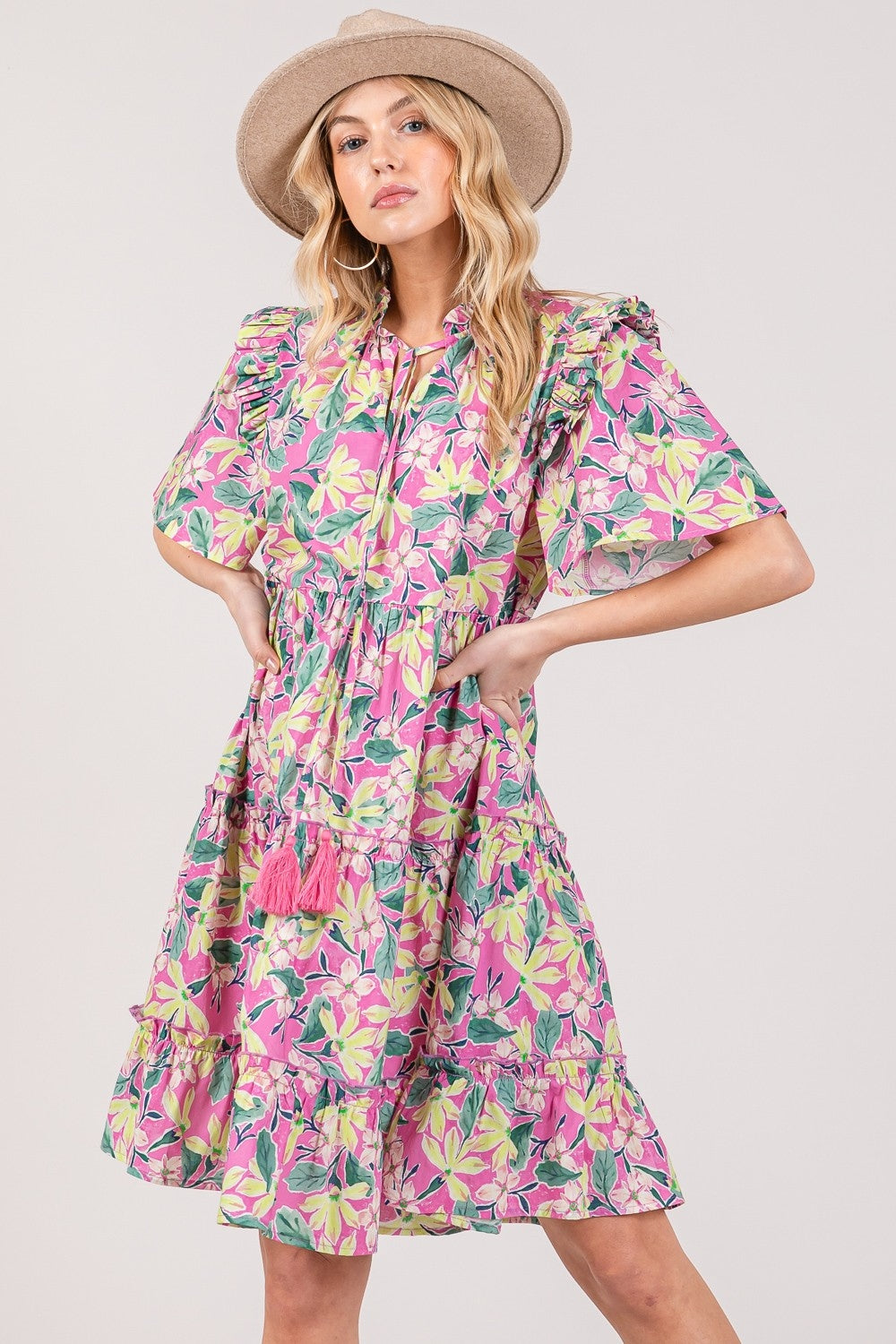 Floral Ruffle Short Sleeve Boho Dress - Spirit and Rebel [Spirit and Rebel]   