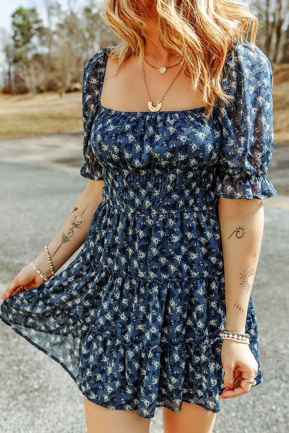 Printed Square Neck Short Sleeve Boho Dress [Spirit and Rebel]   